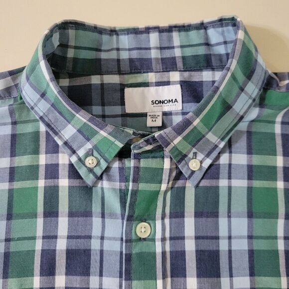 Sonoma Goods For Life® Men's Blue Green Plaid Button-down Short Sleeve Shirt - Picture 7 of 13